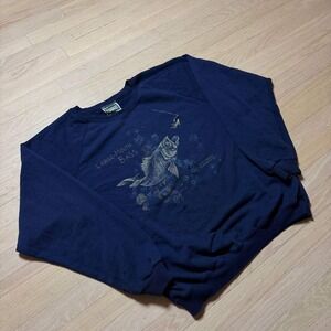 Vintage Northern Elements Large Mouth Bass Fishing Sweatshirt Navy Blue Mens XL